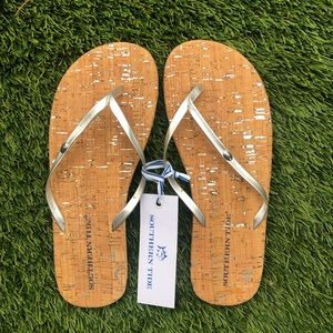 Southern Tide never worn ladies flip flops silver with cork soles